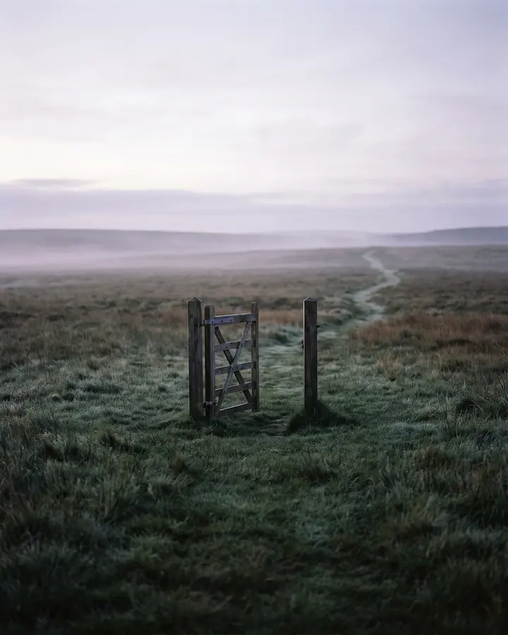 An open gate standing in moorland with no fence attached, paths leading away to the horizon