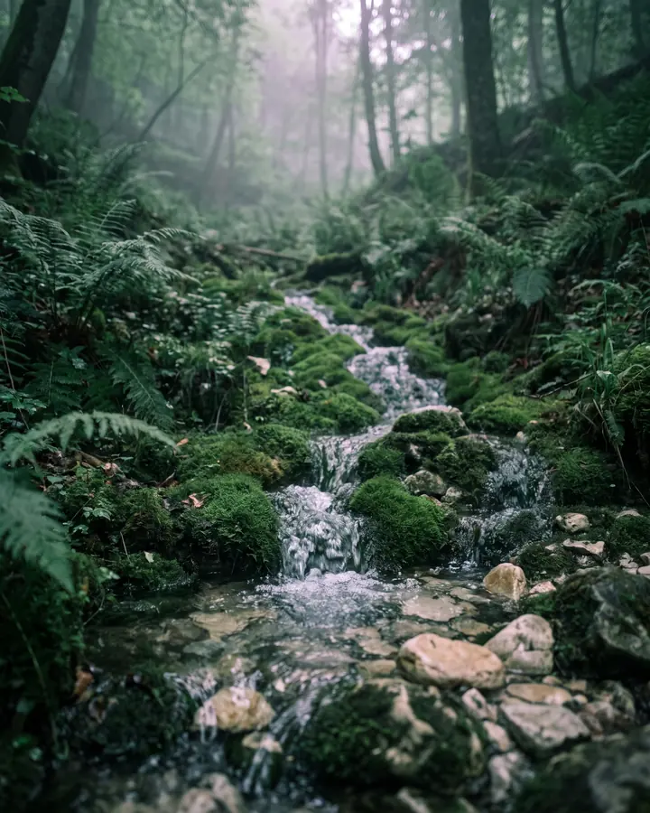 A clear spring running freely over moss and pale stones in a fern-filled forest hollow