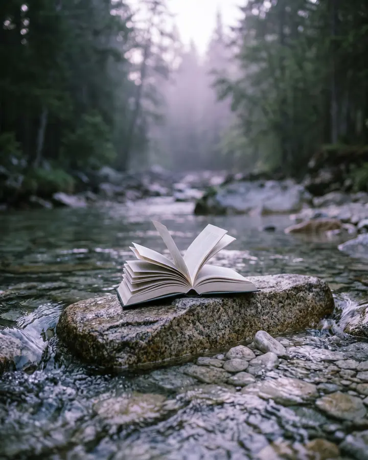 An open book resting on a flat stone in a clear mountain stream