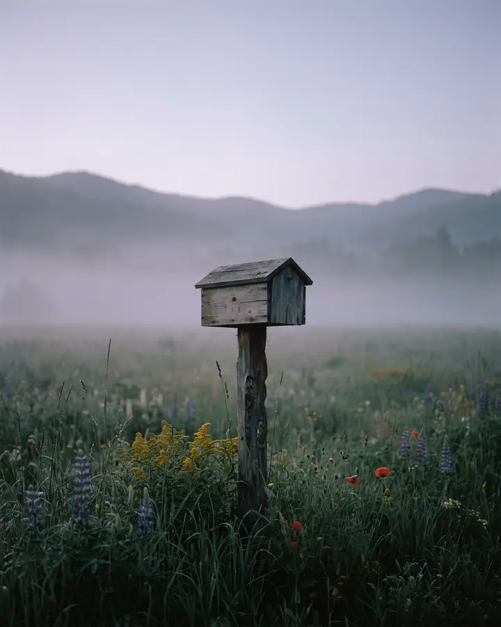 A wooden letterbox on a post in a misty wildflower meadow at dawn