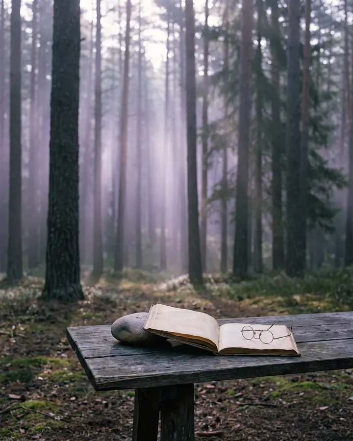 An open manuscript and reading glasses on a wooden table in a sunlit pine clearing