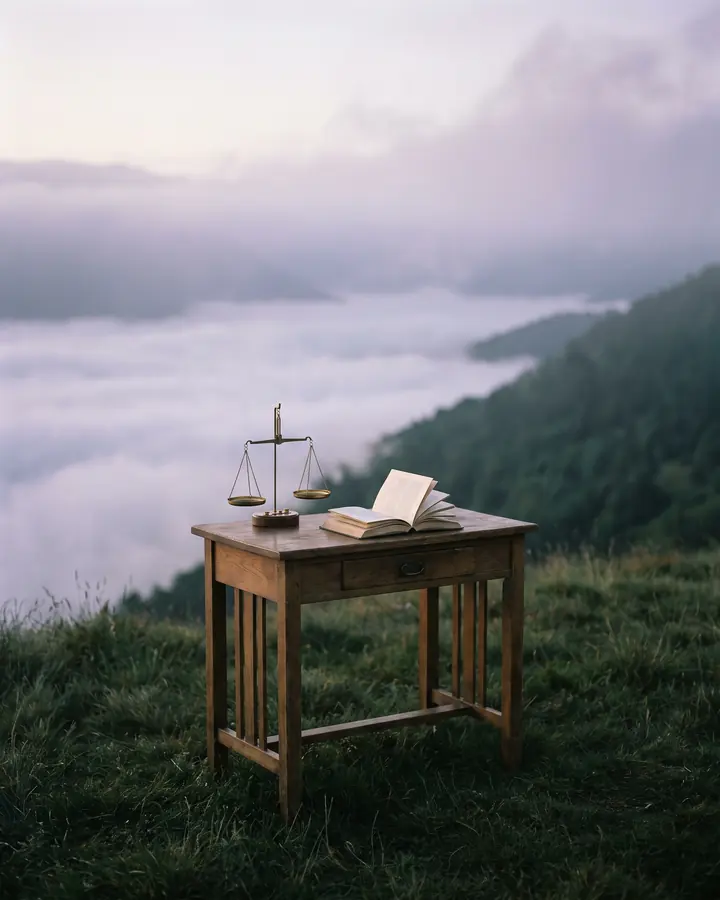 A writing desk on a mountain ridge at dawn, an open book and a brass balance scale on it