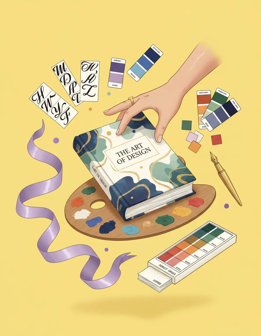 A designer's hand placing a book cover on a wooden palette with floating swatches.