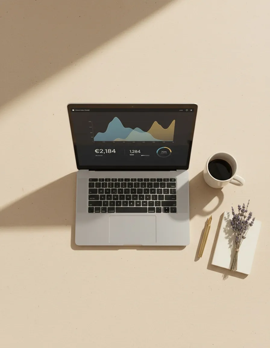 A laptop on a cream desk showing publisher dashboard charts.