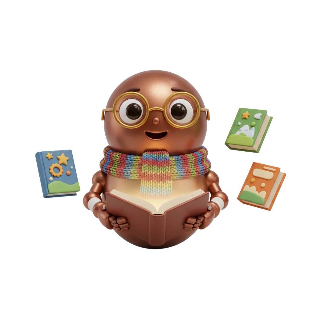 A friendly 3D robot librarian holding an open book.