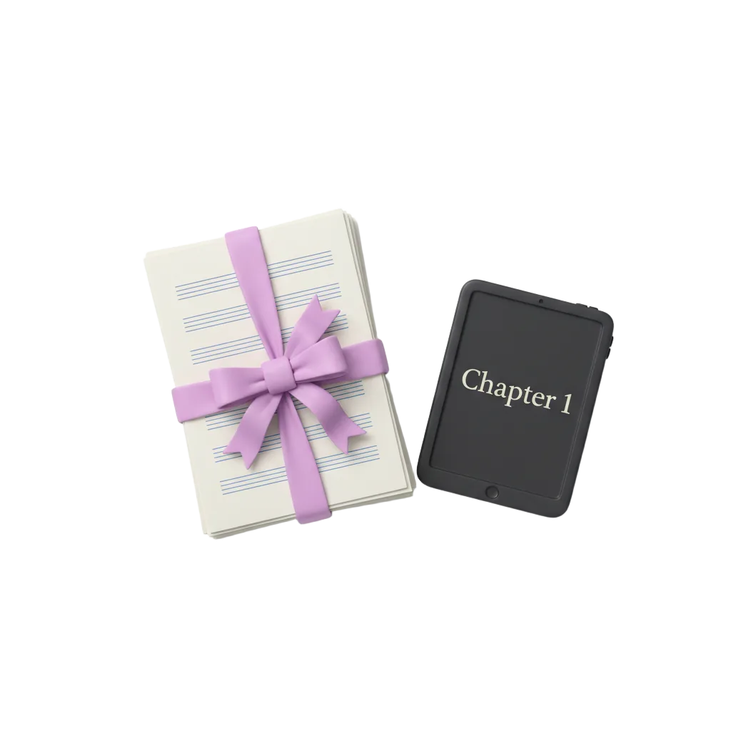 A stack of manuscript pages tied with a lavender ribbon beside a tablet showing Chapter 1.