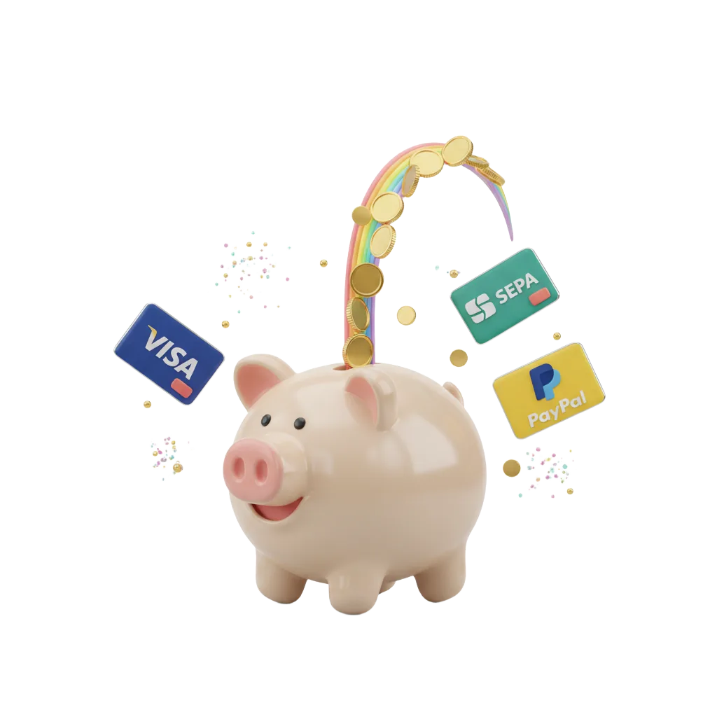 A 3D envelope spilling golden coins with floating Visa, PayPal, and SEPA cards.