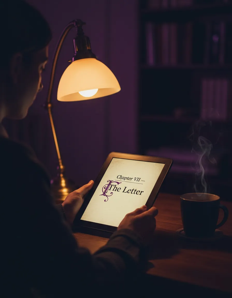 A person reading a tablet at night under a warm desk lamp.