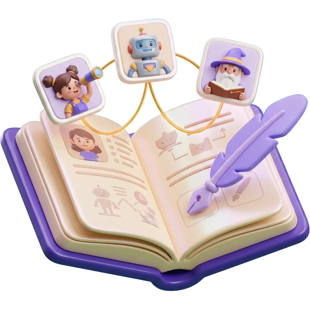 A 3D open story bible with floating character cards linked by golden threads and a purple quill pen.