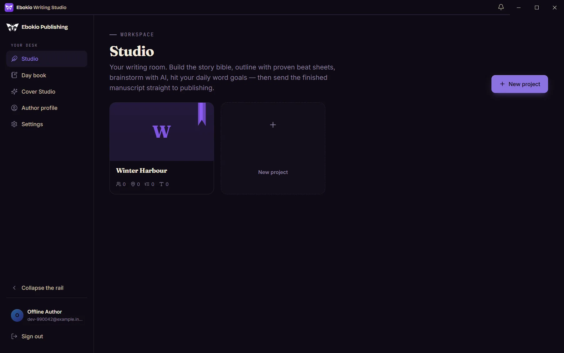 The Studio shelf in the Windows app — Winter Harbour on the shelf, a New project card beside it