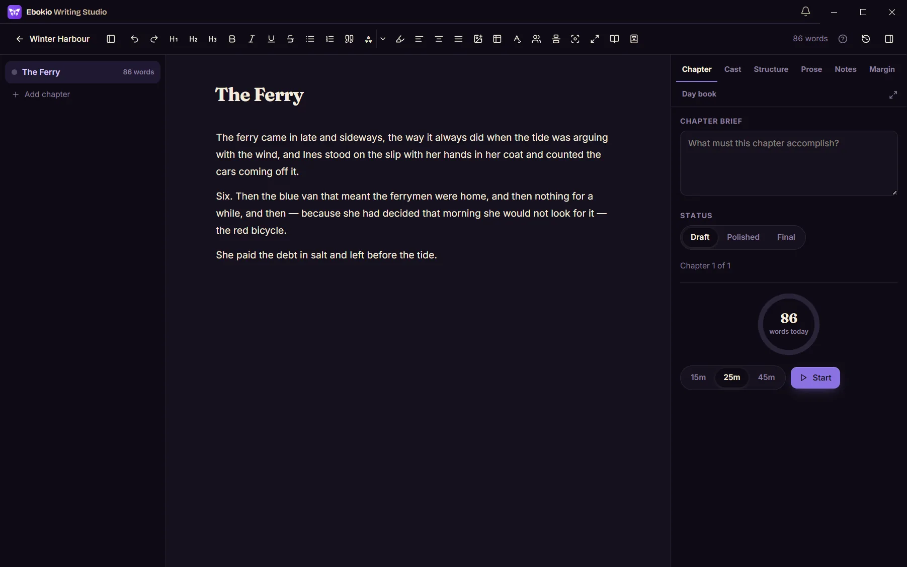 Ebokio Writing Studio on Windows — the chapter “The Ferry” open in the writing room, saved on this machine