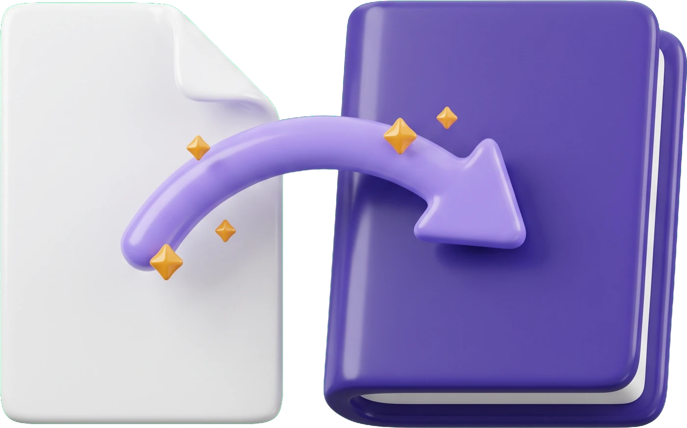 3D white document turning into a purple book along a curved arrow