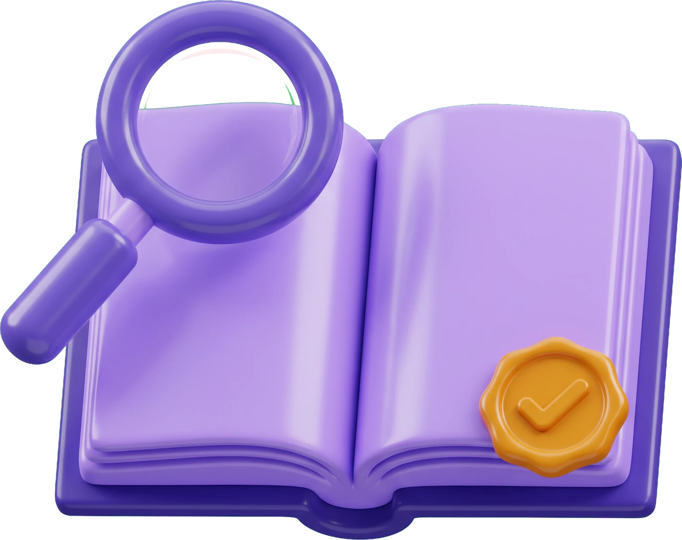 3D open book with a magnifying glass and an amber wax seal