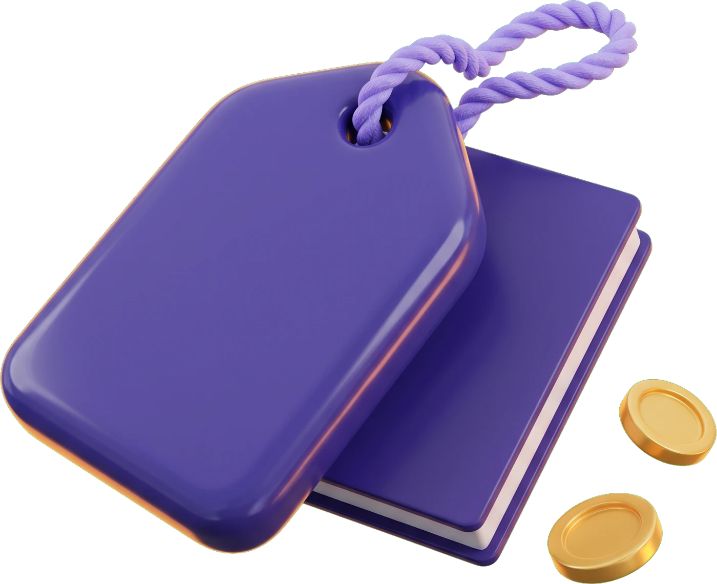 3D purple price tag tied to a book with two gold coins