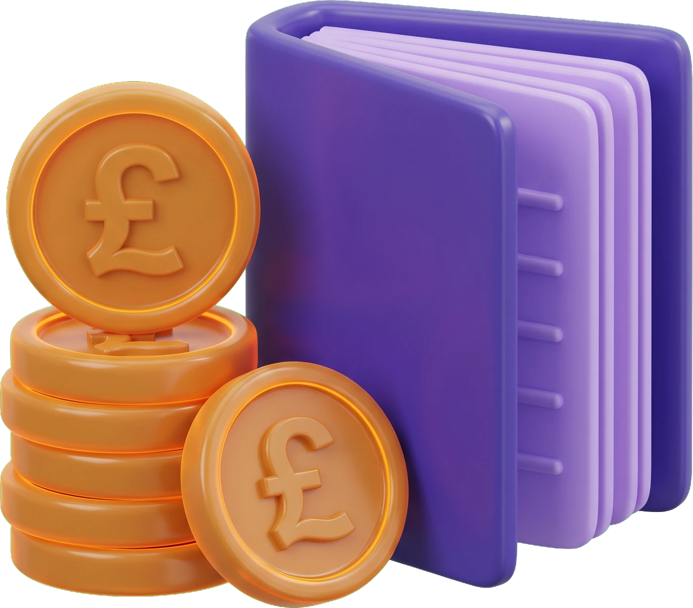 3D pound coins stacked beside a purple ledger book